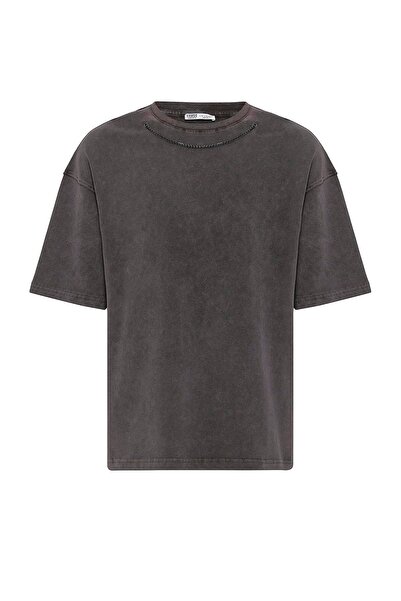 VAMOSCLO Μπλουζάκι oversized με λεπτομέρεια από αλυσίδα που πλένεται, καφέ