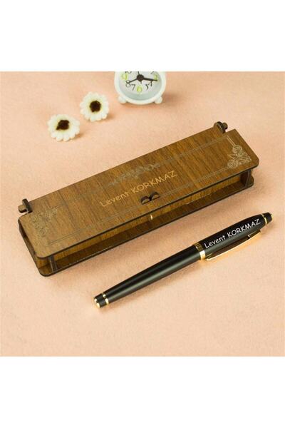 hediyerengi Isme Özel Ahşap Kutulu Premium Roller Kalem Siyah