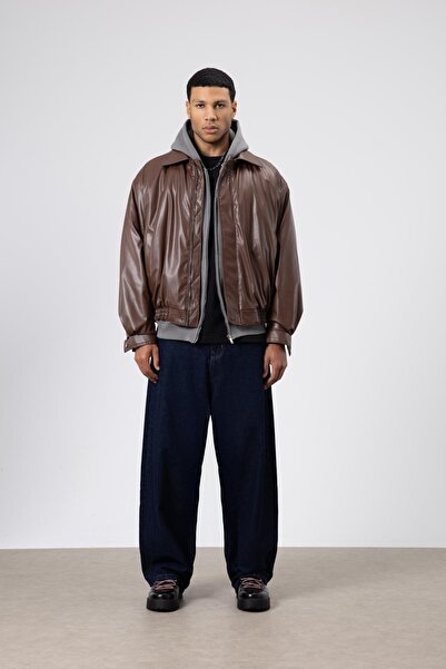 Vamos Кафяво яке от изкуствена кожа с голям размер - семпъл дизайн