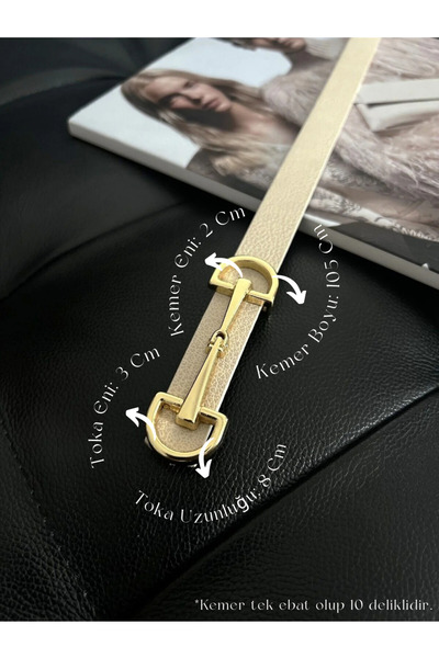 Fiori Cureaua de dama bej subtire cu catarama lunga aurie, centura de haina, centura de camasa, centura de rochie