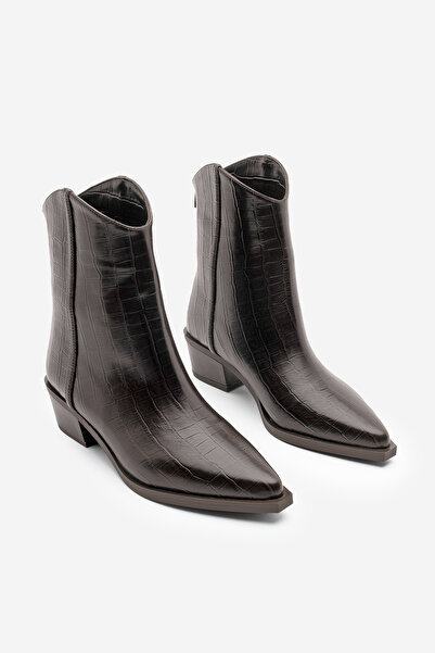 Marjin Γυναικείες μπότες Western με μυτερή μύτη και λεπτομέρεια ραφής καουμπόη Vildo Brown Croco