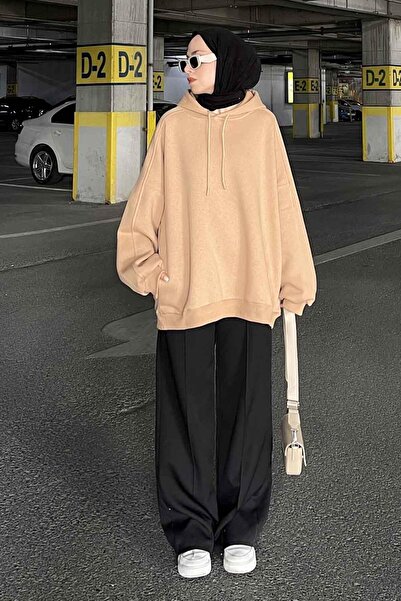 lamelif Hanorac oversize cu glugă și buzunar lateral, culoare Cafea cu lapte