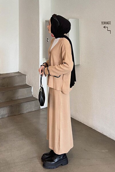 lamelif Skirt-Cardigan Hijab Knitwear Set Milky Brown