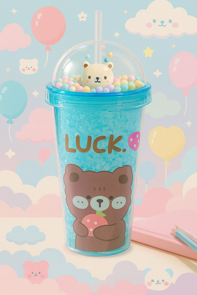 CHANCE GİFT Cute Teddy Bear Themed Double Layer Mica Party Supplies Water Bottle with Straw Soft Drink Bottle 450 ml