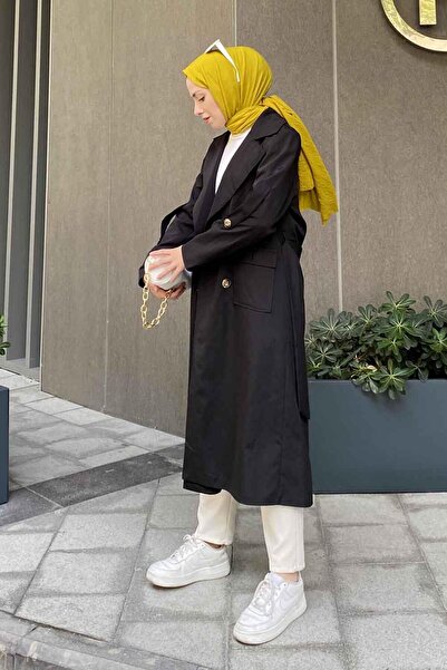 lamelif Pelican Black Trench Coat - Front Button