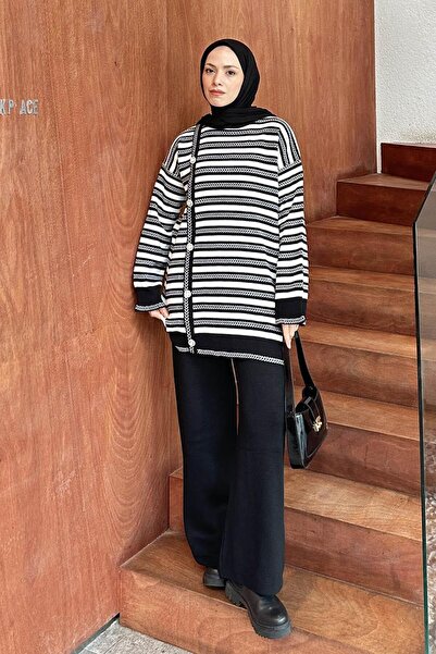 lamelif Çizgili Yan Düğme Detaylı Triko Takım Siyah