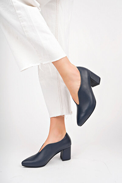 Deripabuc Genuine Leather Navy Blue Women's Heeled Leather Shoes Shn-0227