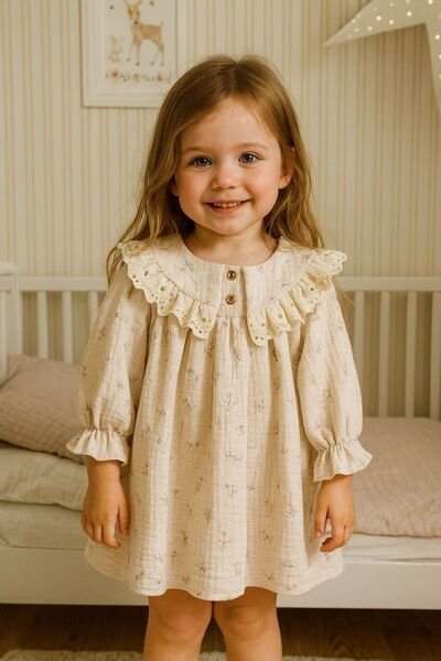 Luna Kids Store فستان قطني مزخرف للفتيات الصغيرات/الأطفال - بودرة