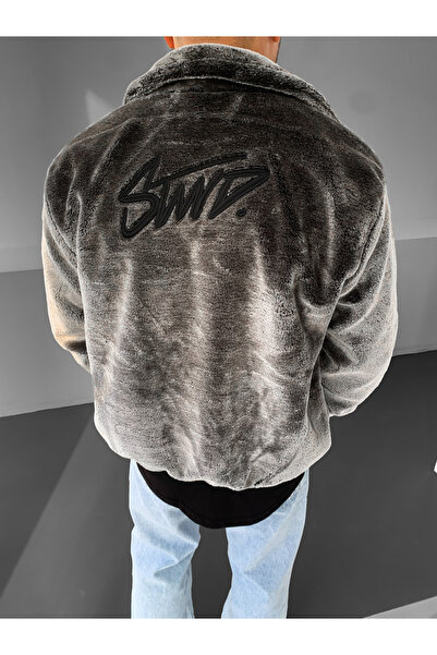 NO1 KONSEPT Γκρι γούνινο μπουφάν με γράμματα στην πλάτη