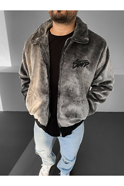 NO1 KONSEPT Γκρι γούνινο μπουφάν με γράμματα στην πλάτη