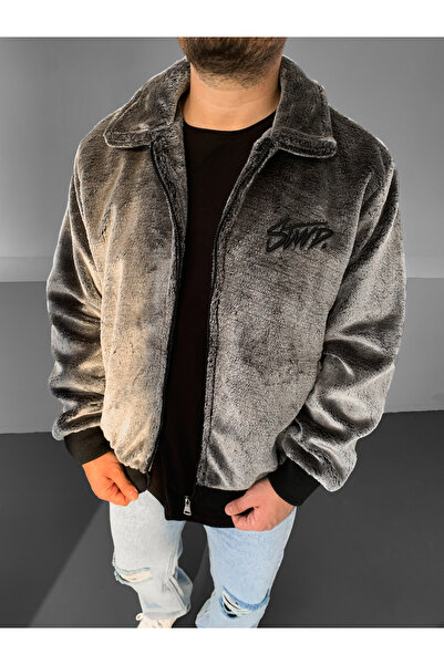 NO1 KONSEPT Γκρι γούνινο μπουφάν με γράμματα στην πλάτη