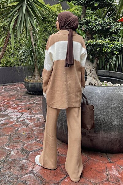 lamelif Σετ πλεκτό καφέ γαλακτώδες - Σχέδιο με γιακά και κουμπιά