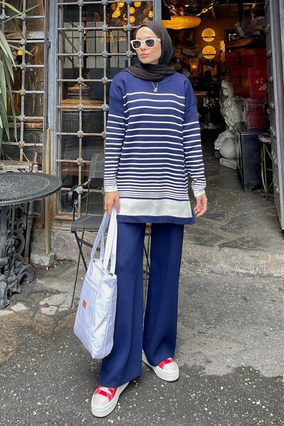 lamelif Смугастий трикотажний комплект темно-синього кольору