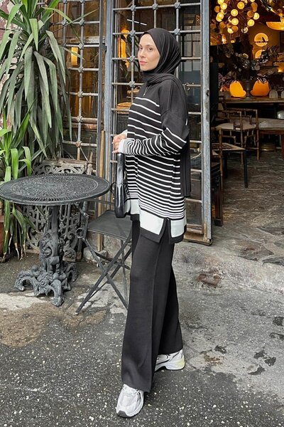 lamelif Black Striped Knitwear Set