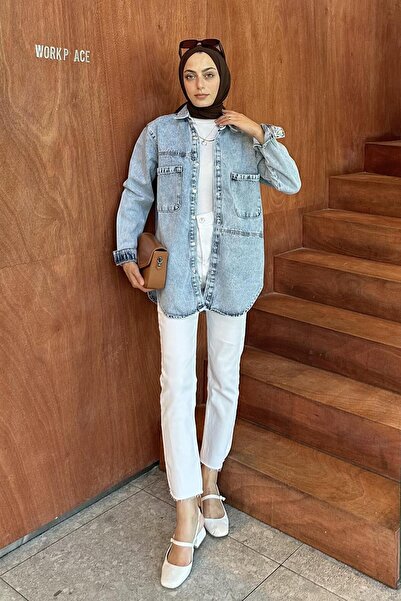 lamelif Πουκάμισο Ice Blue Denim - Λεπτομέρεια διπλής τσέπης