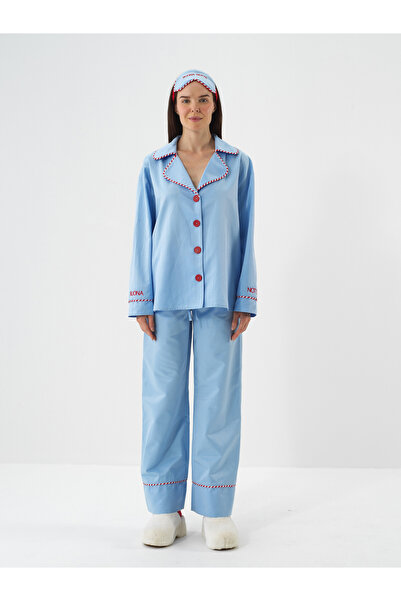 Xint Kadın Mavi İpeksi Saten Oversize Pijama Seti