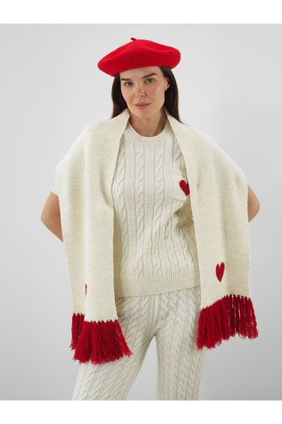 Xint Kadın Ekru Doğal Yün Dokulu Standart Fit Atkı