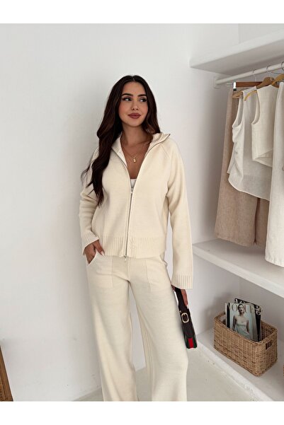 MAXXANA Stand Collar Ribbed Cardigan and Pants Two-Piece Knitwear Set