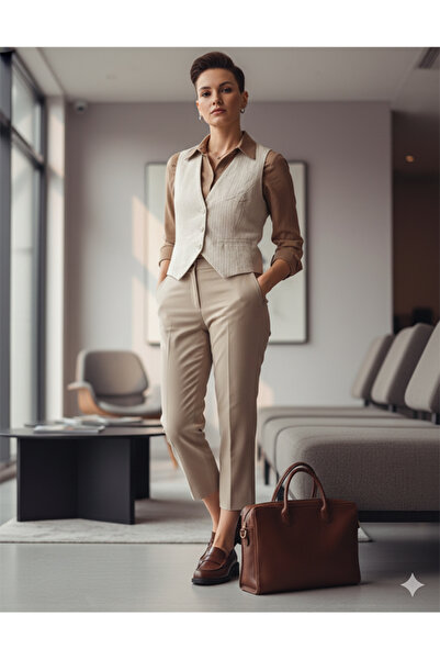 Namaste Vintage Beige Color Striped V-Neck Linen Vest