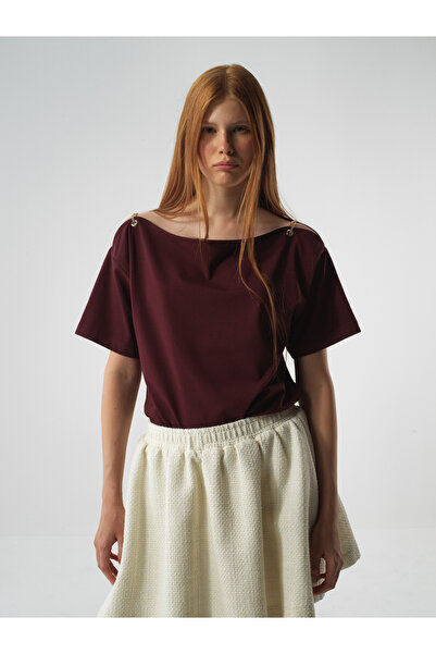 Xint Kadın Bordo Pamuk Dokulu Oversize Tişört