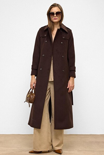 Olcay Double-Breasted Long Length Coat with Cape Detail Brown 3087