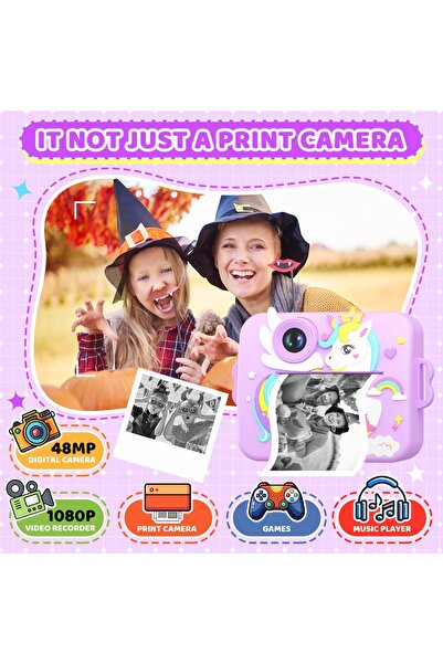 VALA Aparat foto copii cu printare, VALA® 8K UNICORN, Camera duala fata-spate cu Autofocus,, Violet