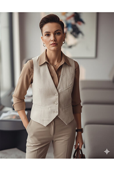 Namaste Vintage Beige Color Striped V-Neck Linen Vest