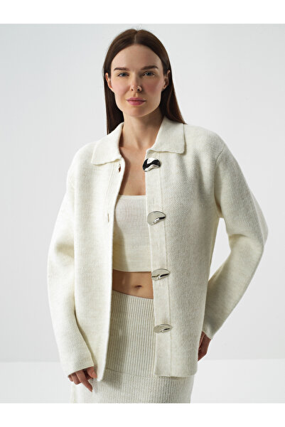 Xint Kadın Ekru Doğal Yün Dokulu Oversize Ceket