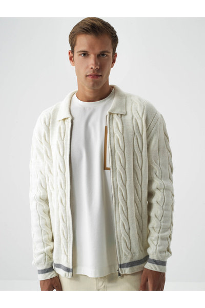 Xint Erkek Ekru Doğal Yün Dokulu Regular Fit Hırka