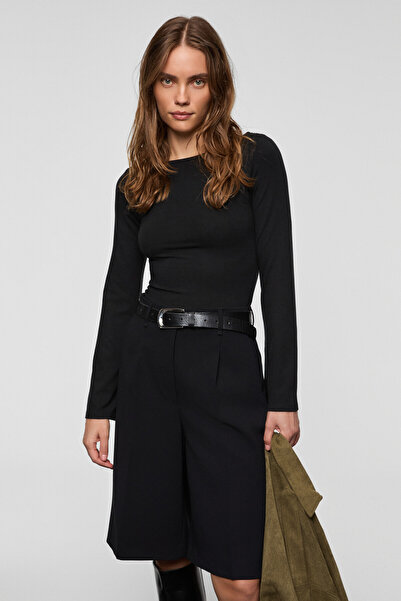 GRIMELANGE Murilyo Women's Black Blouse with Stretchy and Soft Fabric, Wide Sleeves and Wide Boat Neck