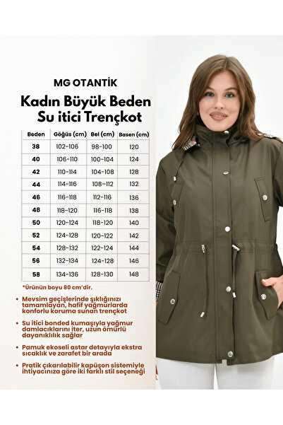 Butik Kadın Suya Dayanıklı Büyük Beden Fermuarlı Kapüşonlu Pamuk Ekoseli Trençkot
