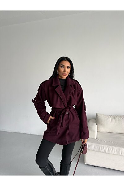 zoezoe Kadın Kaşe Kaban Bordo Renk Kısa Boy Düğmeli Kuşaklı Yeni Sezon Dış Giyim