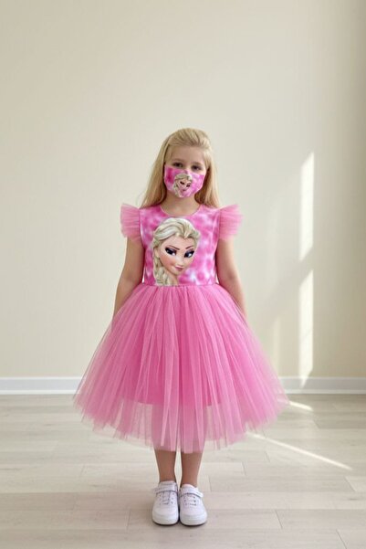ABİYEKİDS Pembe Elsa Maskeli Elbise Doğum Günü Kombini Aby6788