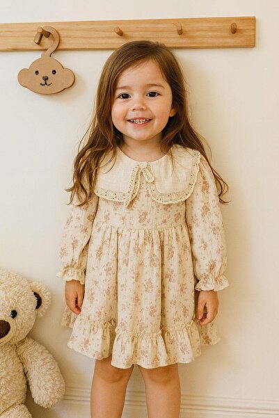 Luna Kids Store Kız Bebek/Çocuk Çiçekli Uzun Kollu Müslin Elbise