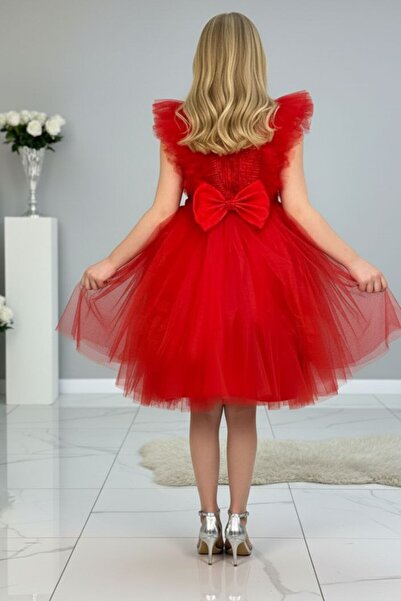 ABİYEKİDS Κόκκινο τούλι με λάμψη παιδικό βραδινό φόρεμα ABY4520