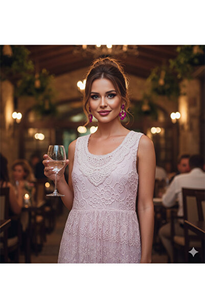Namaste Vintage Pudra renk fisto ve dantel detaylı boncuk işlemeli otantik elbise (38/40)