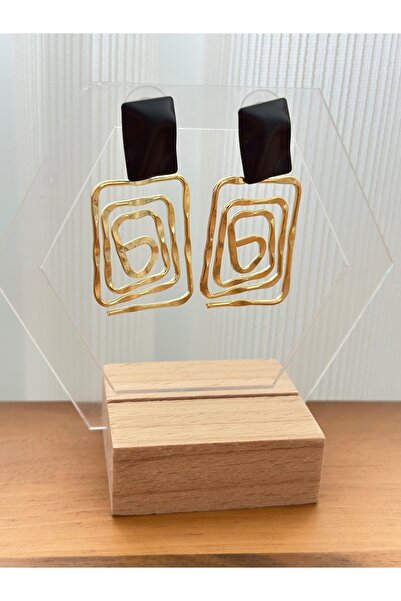 mibrillo Black Gold Detailed Maze Rectangular Earrings