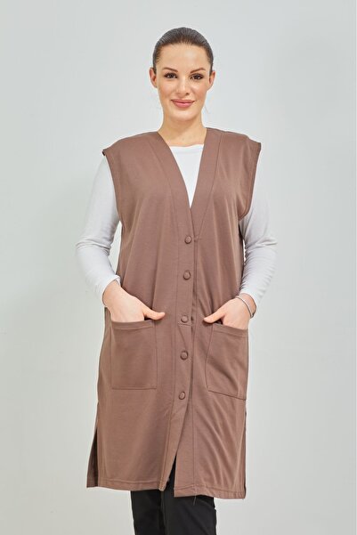 Elçelya Moda Women's Mink Long Pocket Buttoned Combed Cotton Mother Plus Size Tunic Vest