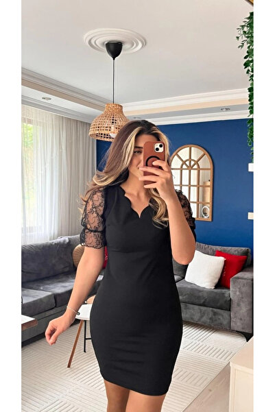 Genel Markalar Kadın Kısa Kollu Dantelli V Yakalı Yanlardan Büzgülü çapraz De...