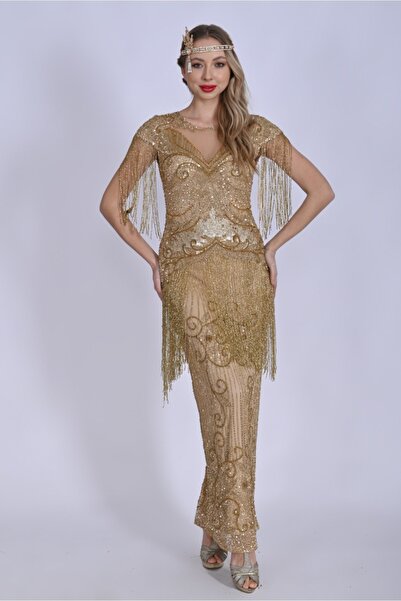 GATSBYLADY LONDON Ethel Maxi Fringe Gown in Gold