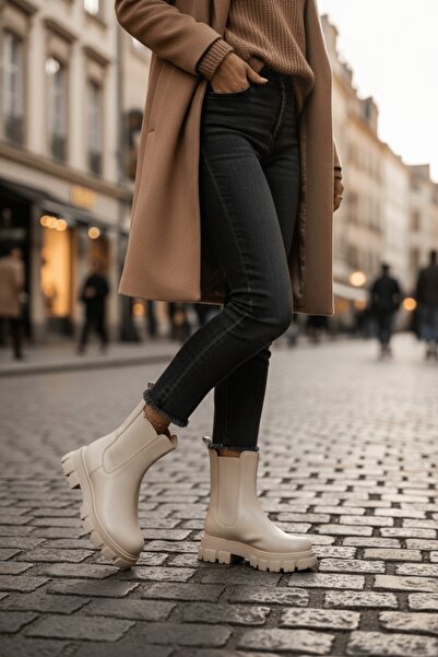 DİVOLYA Senni bézs bőrű, oldalsó elasztikus, vastag talpú napi csizma