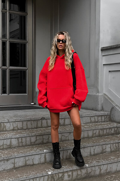 GUARAZ Kırmızı Unısex Yumuşacık Kumaşlı Oversize Ici Polarlı Kapüşonlu Sweatshirt Hoodie