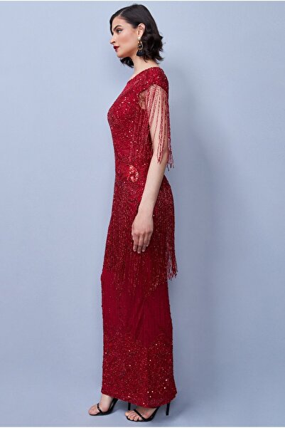 GATSBYLADY LONDON Ethel Maxi Fringe Gown in Red