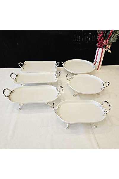 MaviDamla 6 PARÇA AYAKLI KULPLU PORSELEN SUNUM SETİ GÜMÜŞ