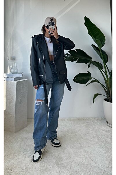 NET OF NOT Jachetă neagră de piele biker pentru femei oversize sezon nou