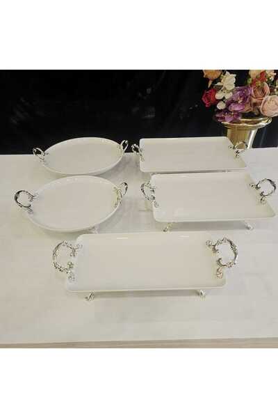 MaviDamla 5 Piece Porcelain Presentation Set with Legs and Handles Silver