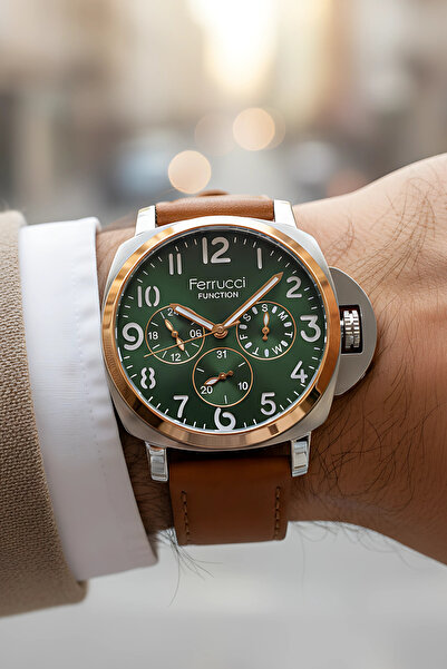 Ferrucci Taba Renk, Deri Kordon, Function Erkek Kol Saati+Bileklik zmfer158