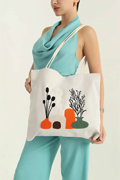 ESCE Punch Nakışlı Çok Amaçlı Plaj Çanta Krem