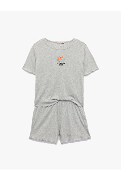 Koton Comfortable Fit Short Sleeve Crew Neck Embroidered Shorts Pajama Set