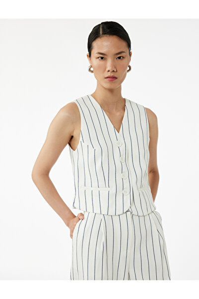 Koton Slim Fit V Neck Sleeveless Striped Crop Vest